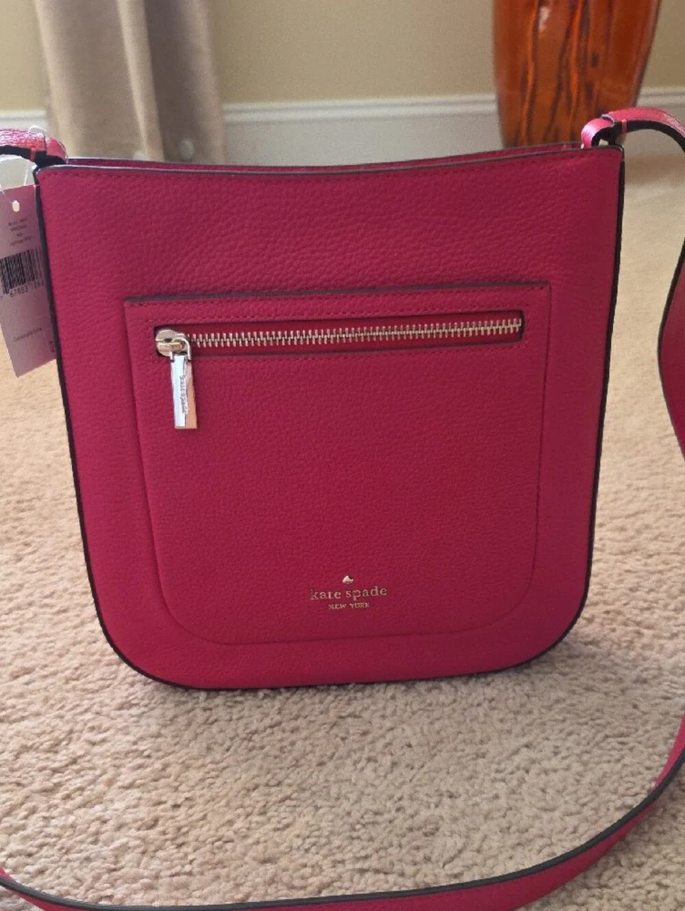 NEW! KATE SPADE Leila Bright Rose  Hot Pink Pebbled Leather Crossbody / Gold Zip